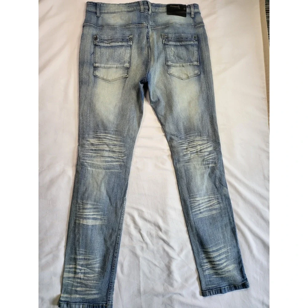 Copper Rivet Mens Slim Fit Distressed Light Wash Blue Moto Denim Jeans 38x32